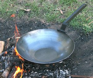Induction stove compatible, gas, electric and campfire safe. Steel Wok with folding handle. Made using only natural materials and no artificial coatings. They are a naturally non-stick cooking surface. Easy to clean and made to last. Check out our kit offers. Dimensions: 350mm (Base 140mm) x80mm (Handle when folded extends 30mm x 35mm from edge of pan)