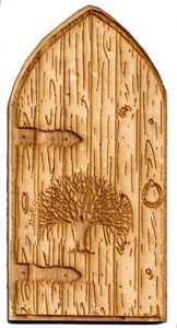Fairy House Door with Elvish Tree - 110mm x 55mm solid pine with bonus metal key